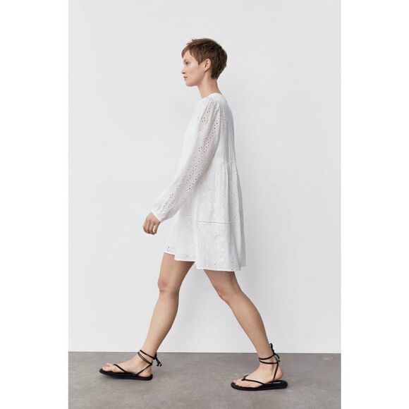 ZARA Openwork Embroidered Long Sleeve White Dress Lined Oversized - Picture 3 of 4